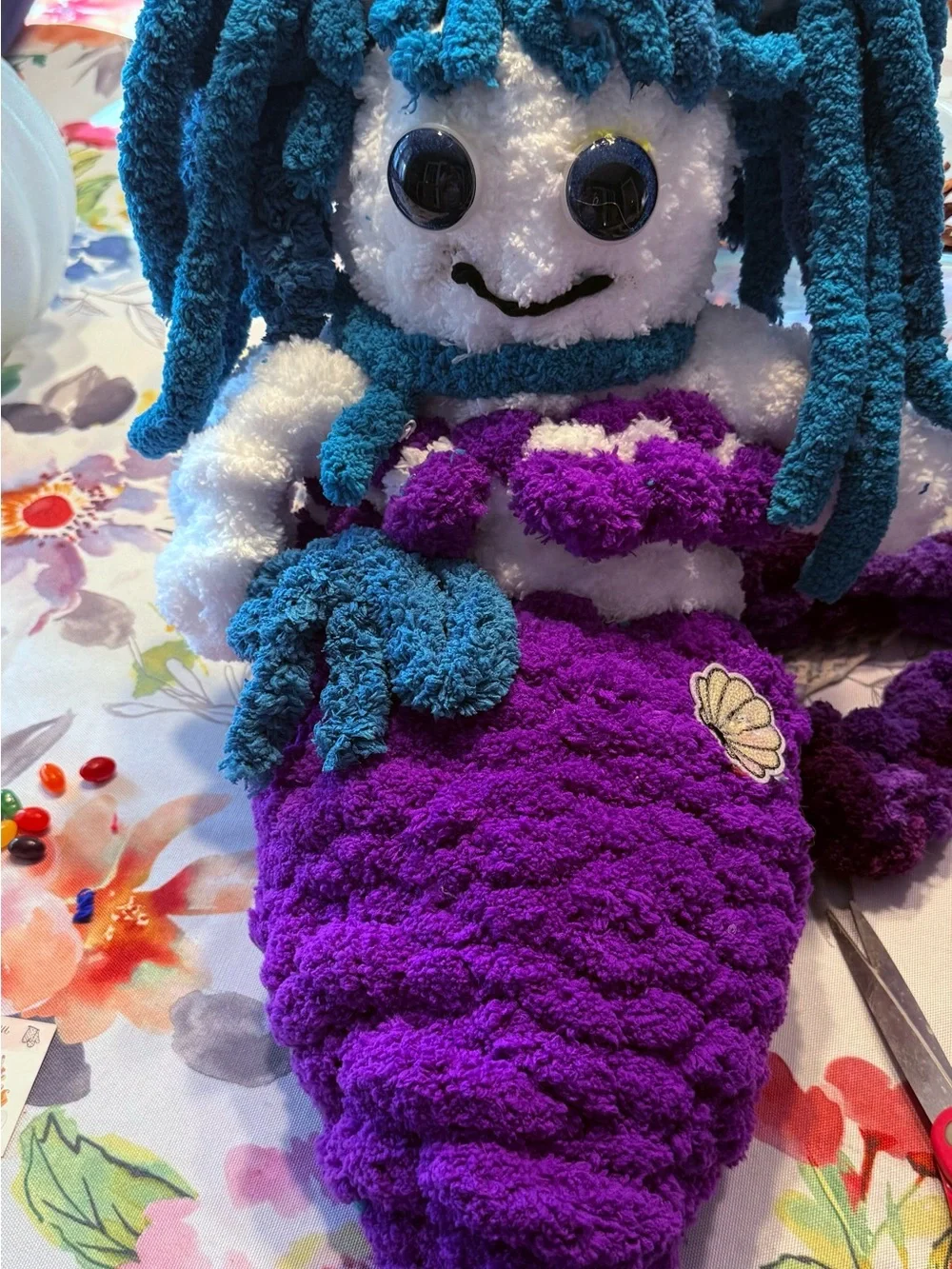 Handmade Plush Mermaid Doll - Teal Hair, Purple Tail
